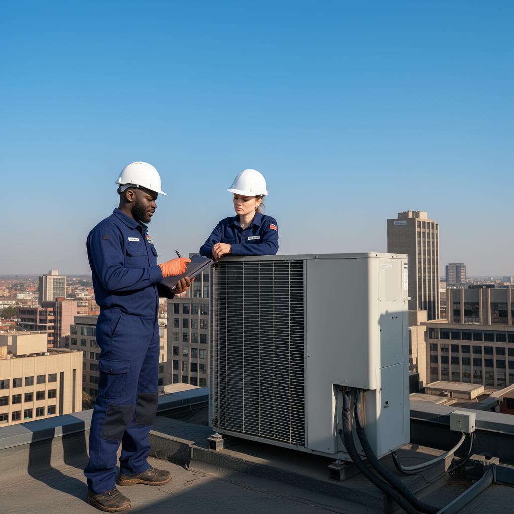 BM Air Conditioning technicians inspecting a rooftop HVAC unit in Johannesburg